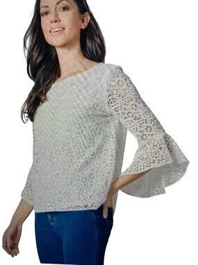 KASPER WOMENS LACE BELL-SLEEVE RUFFL LILY WHITE PM NWT